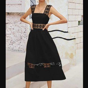 New  Black Eyelet Embroidery Zip Back Midi Dress, size Large 8-10